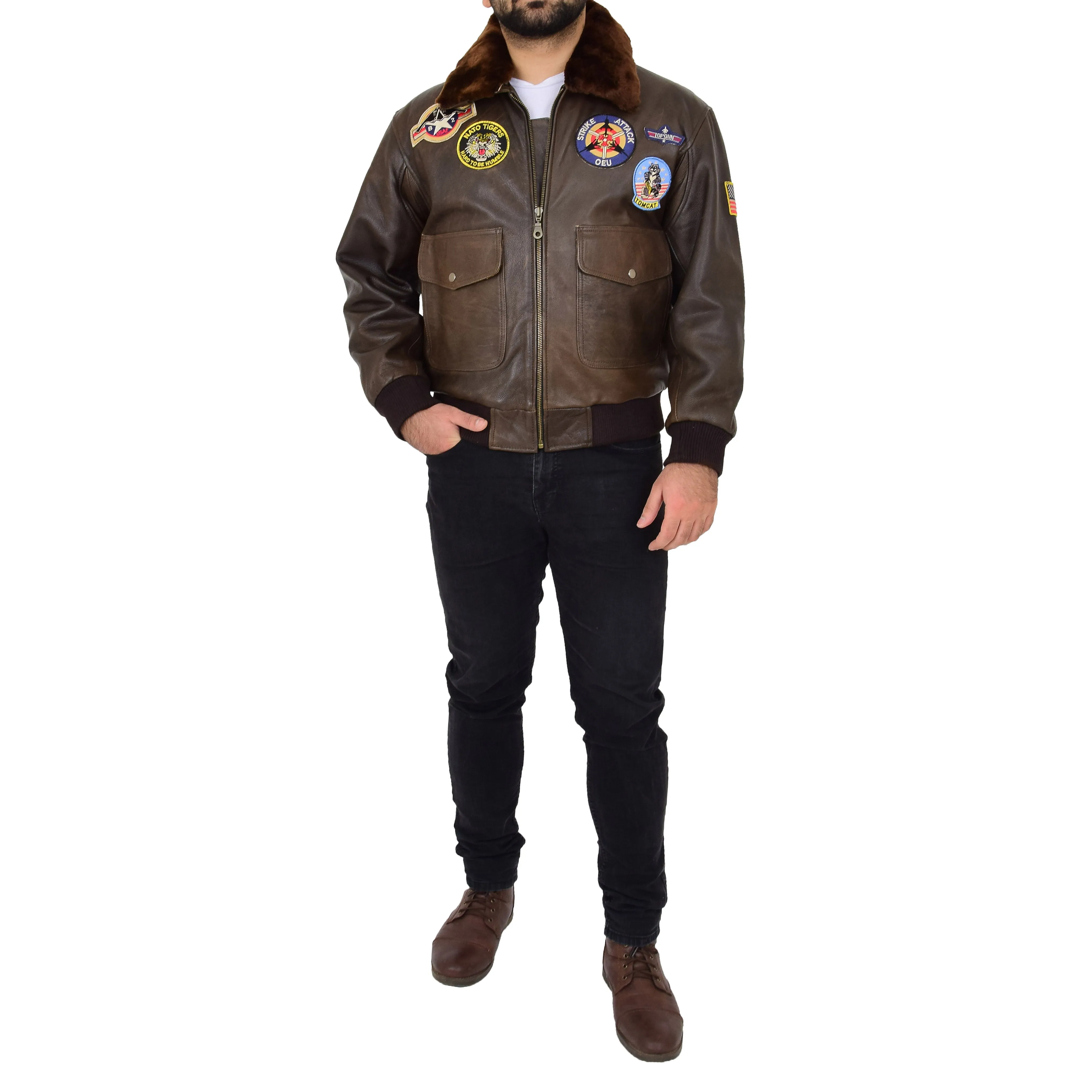 Mens Brown Bomber Leather Pilot Jacket Badges Sheepskin Collar Hawk