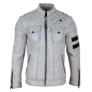 Mens Real Leather Racing Jacket Biker Zipped Casual Napa Stripes Black White
