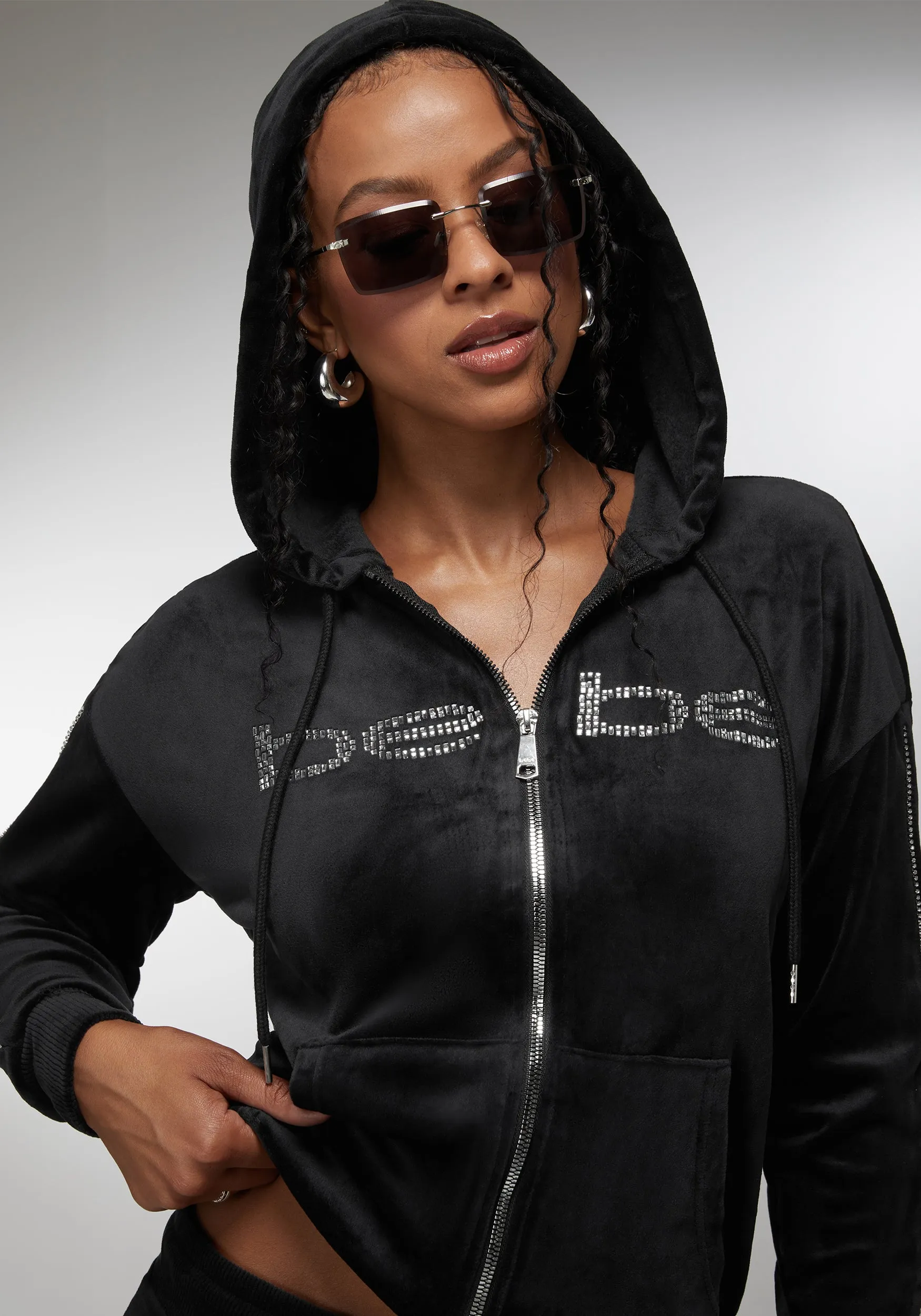 Rhinestone Detail Velour Jacket